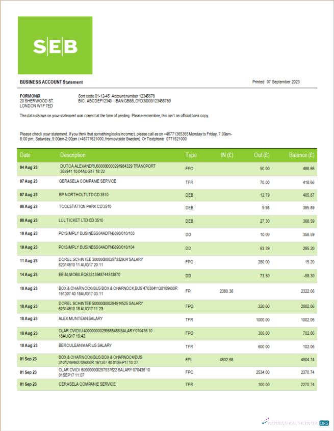 Download SEB Bank company statement Word and PDF template Photoshop template